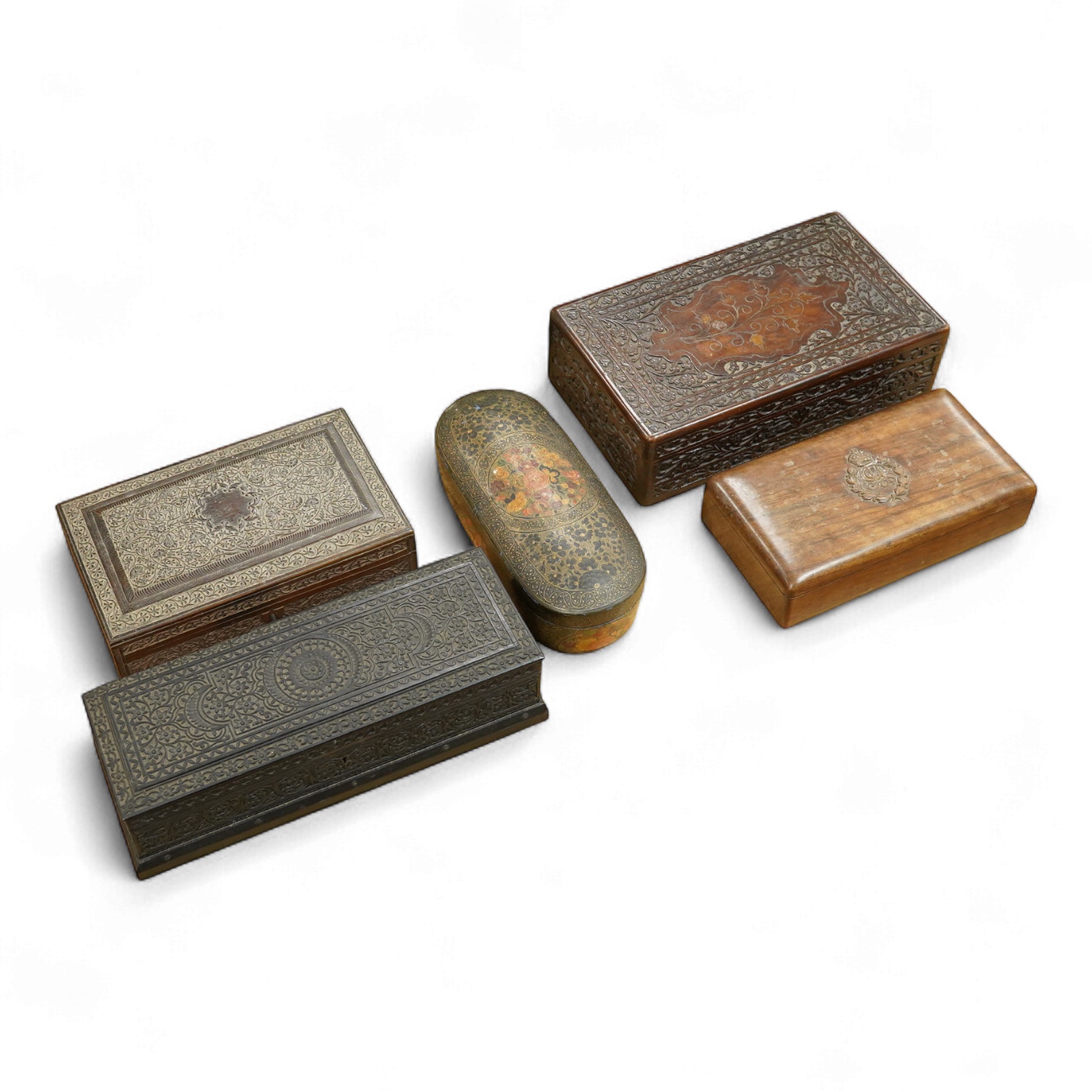 Five various 19th century boxes, variously detailed, largest 30cm wide